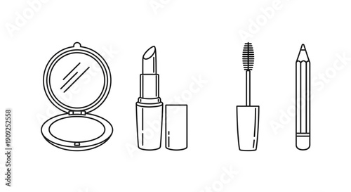 Cosmetic Icons: Lipstick, Mascara, Pencil, Compact Mirror - Line Art