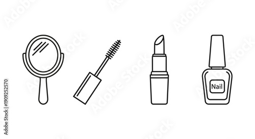 Cosmetic Icons: Mirror, Mascara, Lipstick, Nail Polish - Beauty and Makeup Line Art