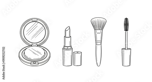 Cosmetic Set: Lipstick, Mascara, Powder Compact, and Brush - Sketch Style