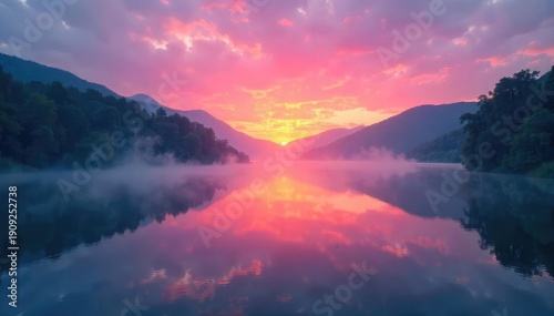Serene sunrise over a tranquil lake, mist rising, reflecting vibrant colors  Perfect for wellness, mindfulness, and nature themes  Ideal for websites, blogs, and social media ,  healing,  gold