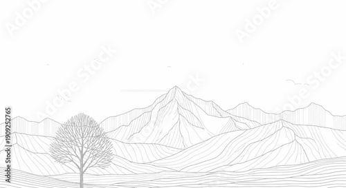 Minimalist Line Art Mountain Landscape with Bare Tree. Serene Hand-Drawn Nature Illustration.