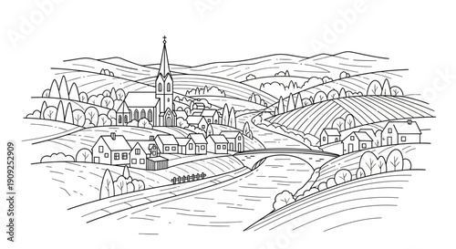 Detailed line art illustration of a picturesque rural village landscape with a church, houses, river, bridge, and rolling hills.