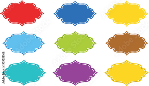 "Set of nine ornate vintage label frames in vibrant colors, decorative symmetrical borders, retro design elements for packaging, branding, scrapbooking, and graphic design projects"