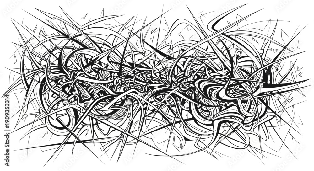 Obraz premium Dynamic Black and White Abstract Illustration with Tangled Lines and Chaotic Organic Shapes. Modern Art Graphic Background.