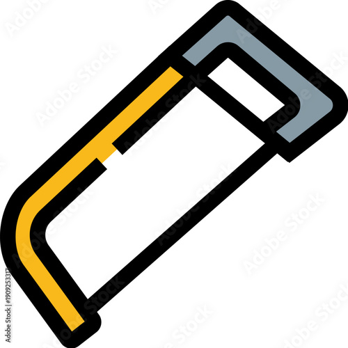 Hand hacksaw icon representing construction, diy and workshop work, flat vector outline of a saw blade and handle for cutting, repair, renovation, maintenance projects