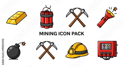 Flat lay of colorful mining icons on a white background