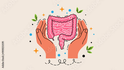 Gut Health Illustration with Hands Holding Intestines and Decorative Plants on Beige Background