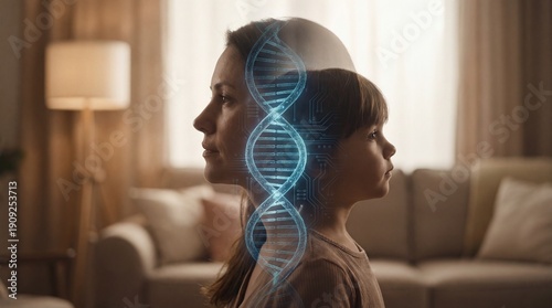 The image evokes the concepts of family lineage, genetics, and interconnectedness, visually representing the bond between mother and child with a symbolic representation of DNA. 