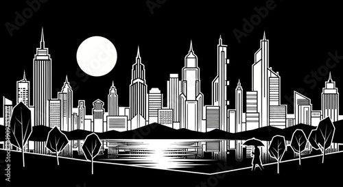 Stylized urban cityscape at night with full moon reflection on water, romantic couple with umbrella, black and white minimalist vector illustration