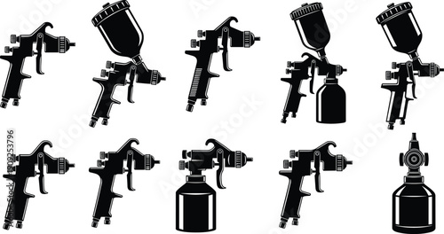 Spray, Paint, Gun, Airbrush, Tool, Painting, Equipment, Automotive, Sprayer, Workshop, Industrial, Vector, Silhouette, Set, Isolated, Repair, Coating, Design, Collection, Professional