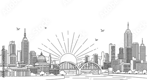 Hand-drawn city skyline sketch with sunrise or sunset, featuring diverse architectural buildings and an urban panorama in monochrome line art.