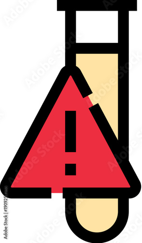 Test tube containing a yellow liquid with a prominent red danger warning triangle. Symbolizing a hazardous chemical risk. Error. Or critical notification in scientific laboratory and research contexts