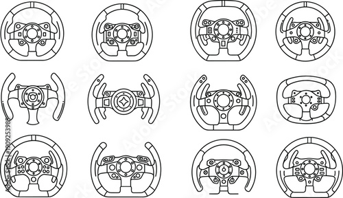 Steering, Wheel, Collection, Racing, Car, Dashboard, Control, Automotive, Sport, Driving, Vehicle, Interior, Equipment, Illustration, Lineart, Transport, Technology, Isolated, Set, Design