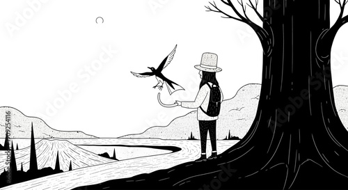 Adventurous traveler with flying creature companion explores a surreal black and white landscape illustration.