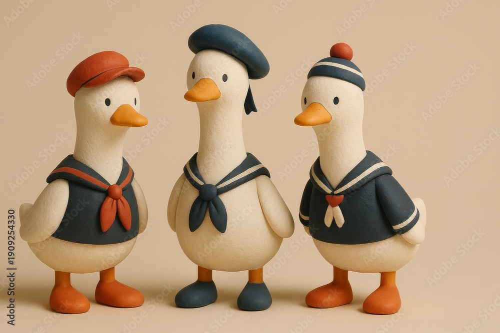 Fototapeta premium Three Cute Sailor Ducks in Vintage Navy Outfit 3D Clay Illustration
