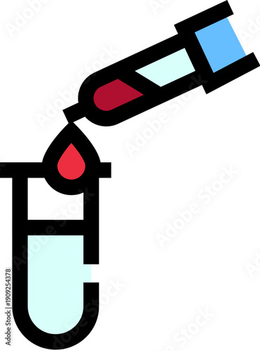 Blood drop falling from a medical pipette into a clear test tube, illustrating laboratory research, diagnostic procedures, and scientific experiments in healthcare