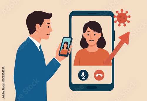 Video conference during COVID-19 Coronavirus outbreak, people using technology work at home remotely concept, man and woman teammate working remotely using smartphone or mobile phone for meeting