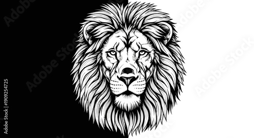 Powerful lion head vector illustration in monochrome black and white, regal king of the jungle design, symbolic strength and majesty.