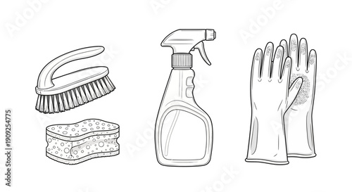 Cleaning Supplies: Brush, Sponge, Spray Bottle, and Gloves - Black and White Illustration