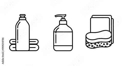 Cleaning Supplies Icons: Bottle, Dispenser, and Sponge with Towels
