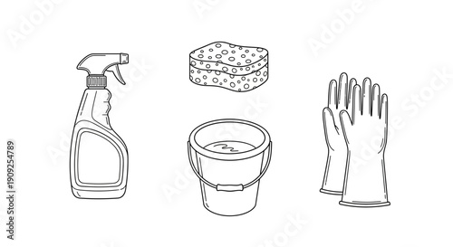 Cleaning Supplies Set: Spray Bottle, Sponge, Bucket, Gloves - Hand Drawn Sketch