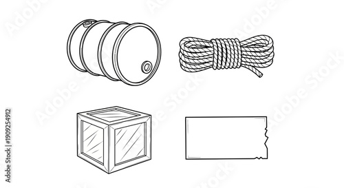 Collection of industrial objects: barrel, rope, crate, and label