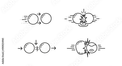 Collision of spheres: elastic vs inelastic impact, physics concept illustration