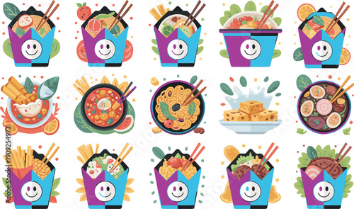 Asian street food illustration, colorful takeaway bowls, noodles ramen sushi snacks, modern flat vector food icons collection