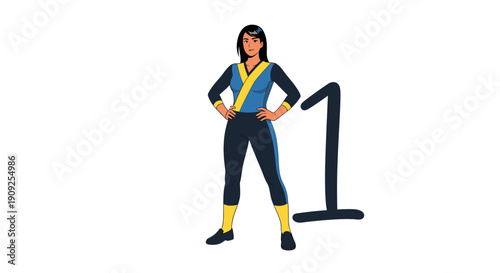 Confident Woman in Superhero Costume Standing Next to Number 1
