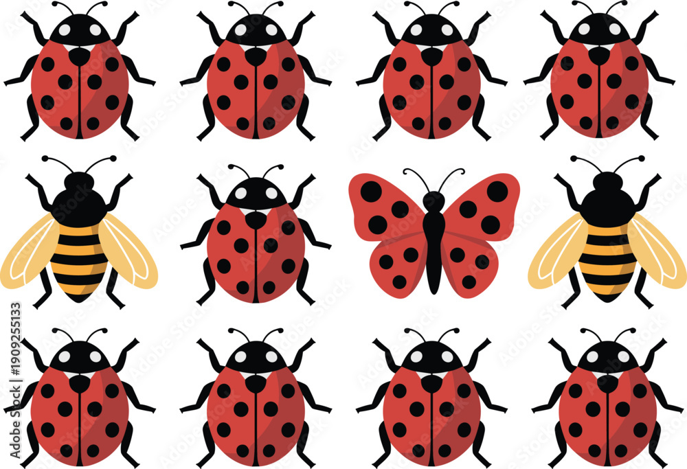 Naklejka premium Cartoon ladybug insect pattern set, with butterfly and bee characters isolated on white background flat vector illustration for kids design