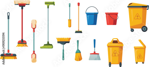 Cleaning tools set with brooms mops buckets trash bins illustration isolated on white background flat vector icons for housekeeping sanitation