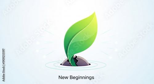 Green leaf sprout emerging from soil on white background symbolizing new beginnings and growth