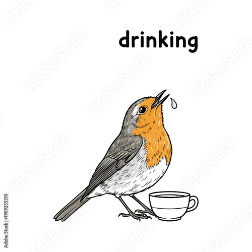 Cartoon robin drinking from a tea cup with elegance and whimsy