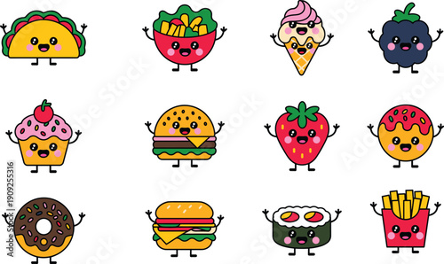 Cute food characters illustration, kawaii snacks desserts fruits burgers sushi fries, colorful cartoon icons set, flat vector design collection
