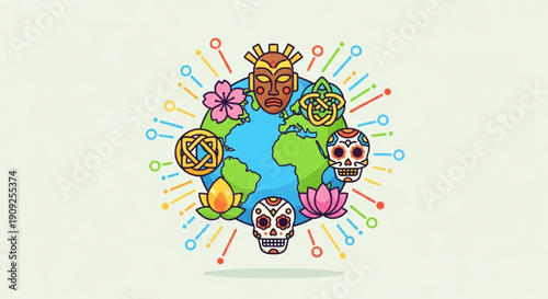 Colorful day of the dead globe illustration with skulls and flowers surrounding the earth in vibrant cultural celebration