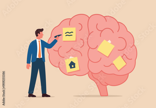 Idea memo, brainstorm or scrum sticky notes, productive plan, memory or task reminder, mind map for work arrangement, thought and wisdom concept, businessman write sticky notes on human brain.