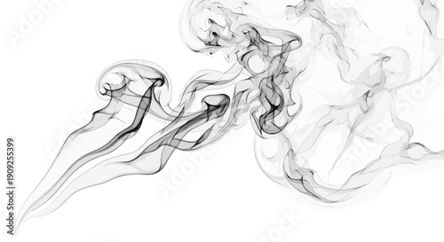 Abstract black smoke swirls on white background. Elegant flowing misty texture for design overlays, fog effects, and atmospheric art.