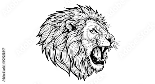 Powerful Roaring Lion Head Illustration, detailed sketch of a furious wild animal, majestic mane, strength and courage concept.