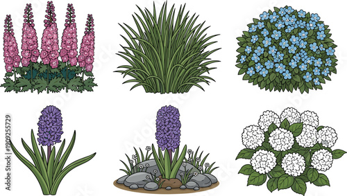 Botanical garden plants and blooming flowers collection isolated shrubs grasses foliage landscaping elements decorative spring summer vector illustration set