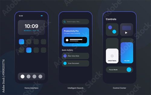 "The visual mood is sleek and futuristic, characterized by a deep dark-mode aesthetic and vibrant blue accents. It exudes a sense of calm efficiency and sophisticated organization, utilizing glasswork