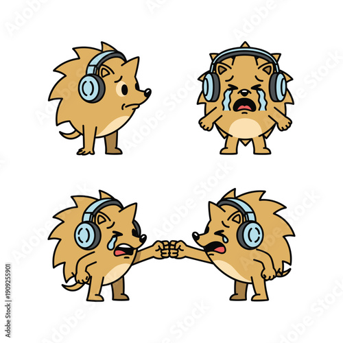 Cartoon hedgehogs wearing headphones and showing emotions with friendship gesture