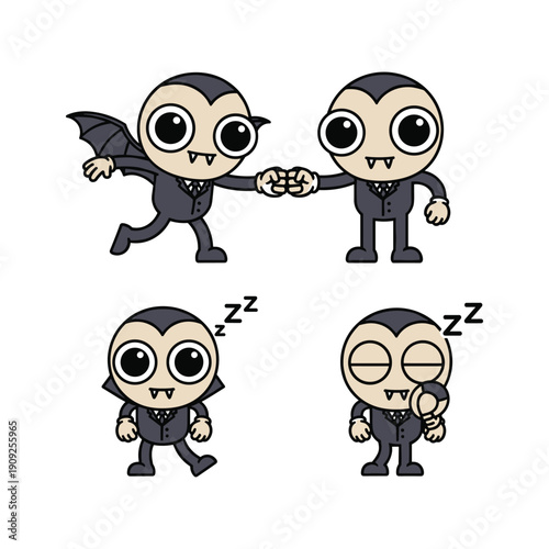 Vampire cartoon characters sleeping and waking up in a humorous illustration with copy space