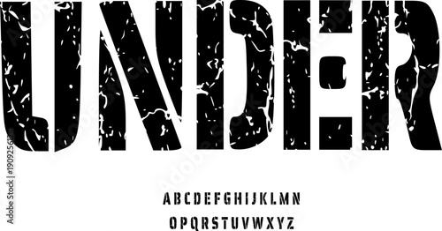Under Military Stencil Display Font - Bold Cracked Alphabet Typeface with Weathered Texture for Industrial Branding, Tactical Logos, Urban Streetwear, and Heavy Duty Typography Vector Illustration