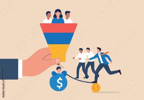 Lead generation gaining customers to convert to sales, marketing funnel conversion rate, advertising analysis concept, hand holding marketing funnel to pull potential customer and convert to sales