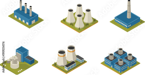 Isometric industrial power plants, factory buildings, cooling towers, refinery facilities, energy production infrastructure vector illustration set isolated collection design