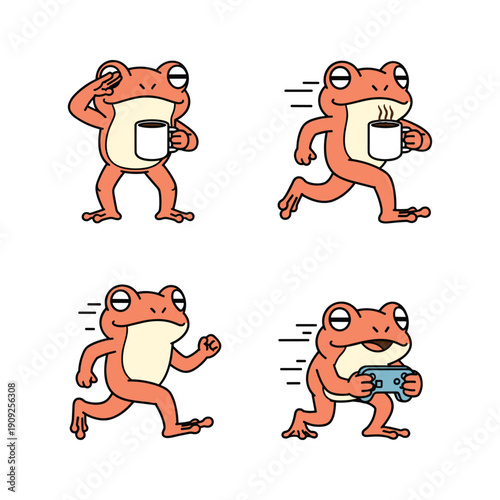 Cartoon frog using smartphone in different poses on white background