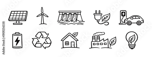 Set of hand-drawn sustainable energy icons including wind turbine, solar panel, electric car, and recycling symbol on a white background.