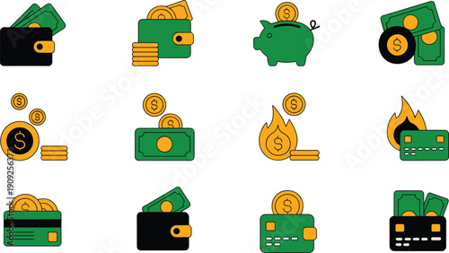 Money finance icons, cash wallet piggy bank coins, savings investment payment credit, flat vector illustration set design collection, modern colorful