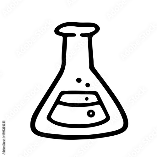Simple hand-drawn doodle of a lab flask with bubbling liquid. Minimalist vector illustration for science, chemistry, and education designs.