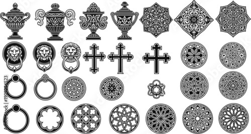 Vintage ornamental decorative symbols collection with crosses rings urns floral emblems antique engraving style isolated vector design elements